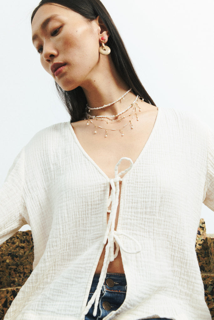 White Pearl Gold String Charm Necklace - Nakamol