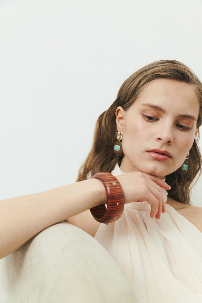 Flat Square Brown Turquoise Gold Earrings - Nakamol