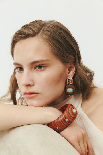 Flat Square Brown Turquoise Gold Earrings - Nakamol