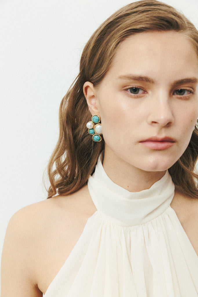 Turquoise White Pearl Statement Earrings - Nakamol