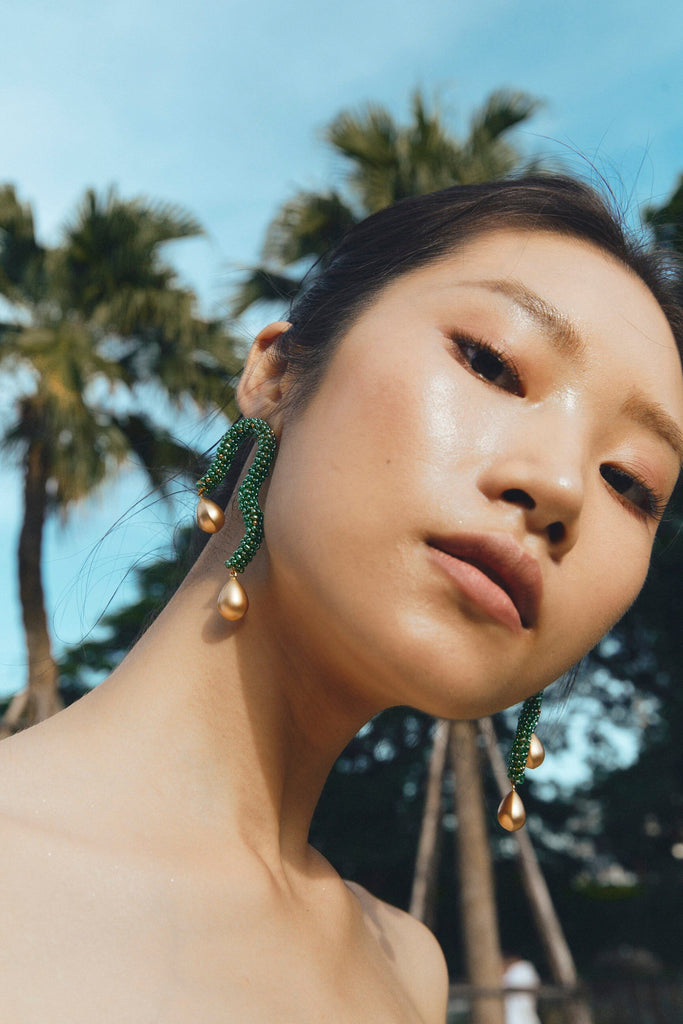 Emerald Bead Gold Drop Freeform Earrings - Nakamol
