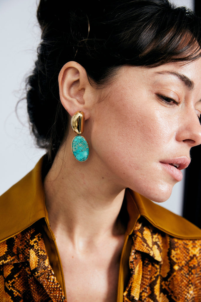 Gold Bean Turquoise Drop Earrings - Nakamol