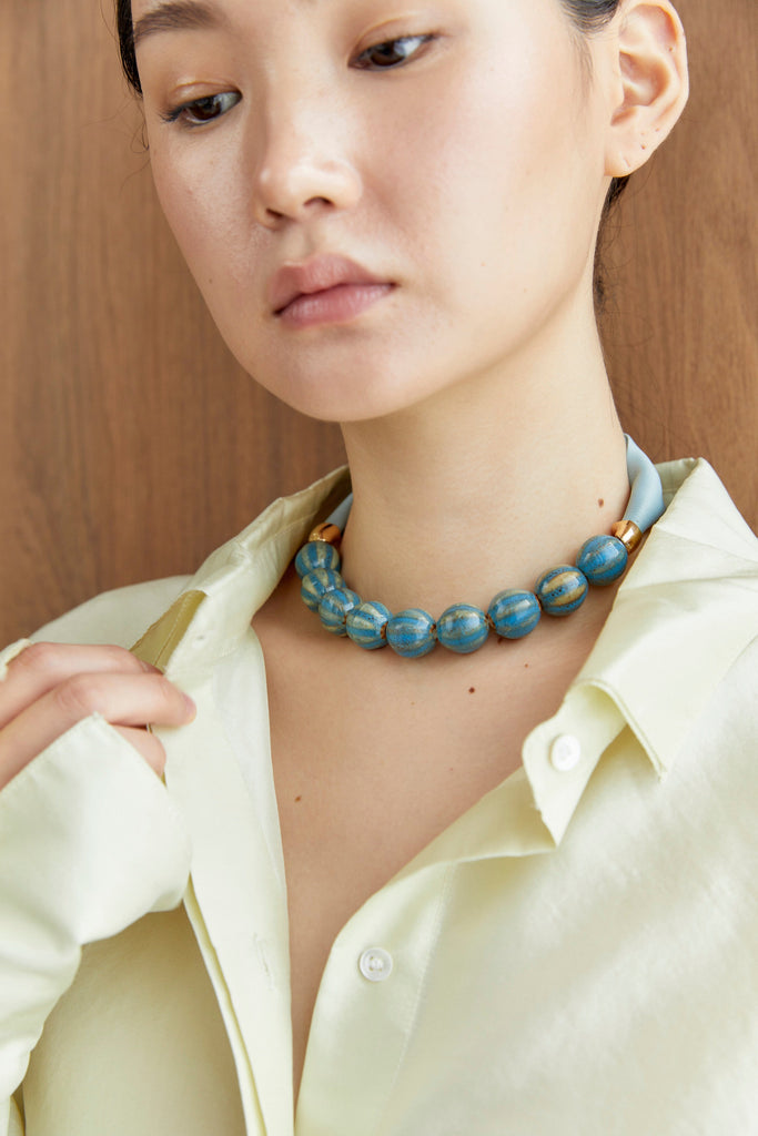 Ash Blue Bead Ribbon Necklace - Nakamol