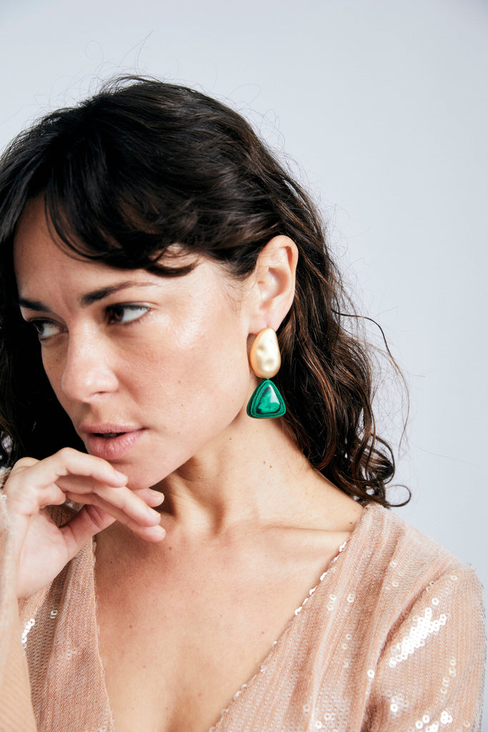 Gold Bean Triangle Malachite Earrings - Nakamol