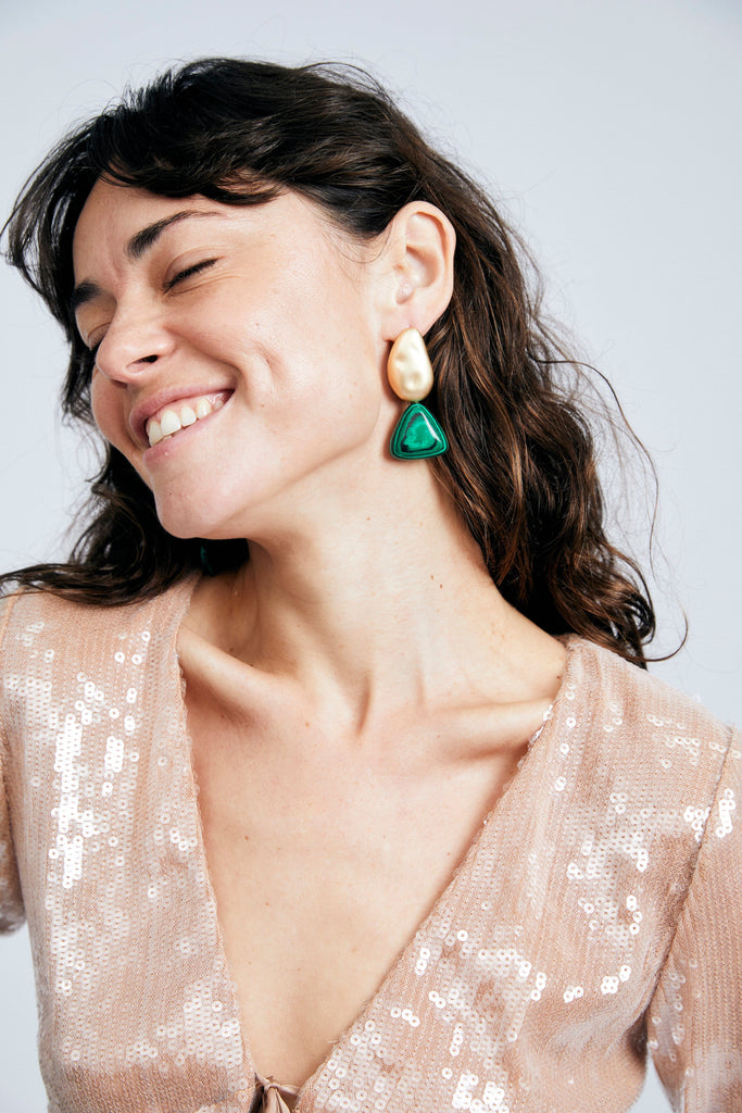 Gold Bean Triangle Malachite Earrings - Nakamol