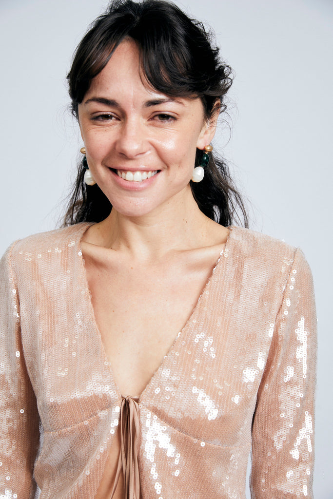 White Pearl Green Drop Earrings - Nakamol