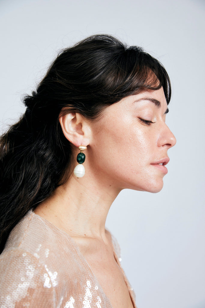 White Pearl Green Drop Earrings - Nakamol