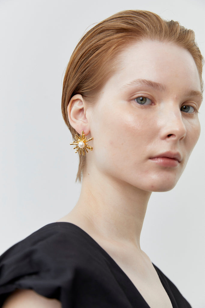 White Pearl Starburst Gold Earrings - Nakamol