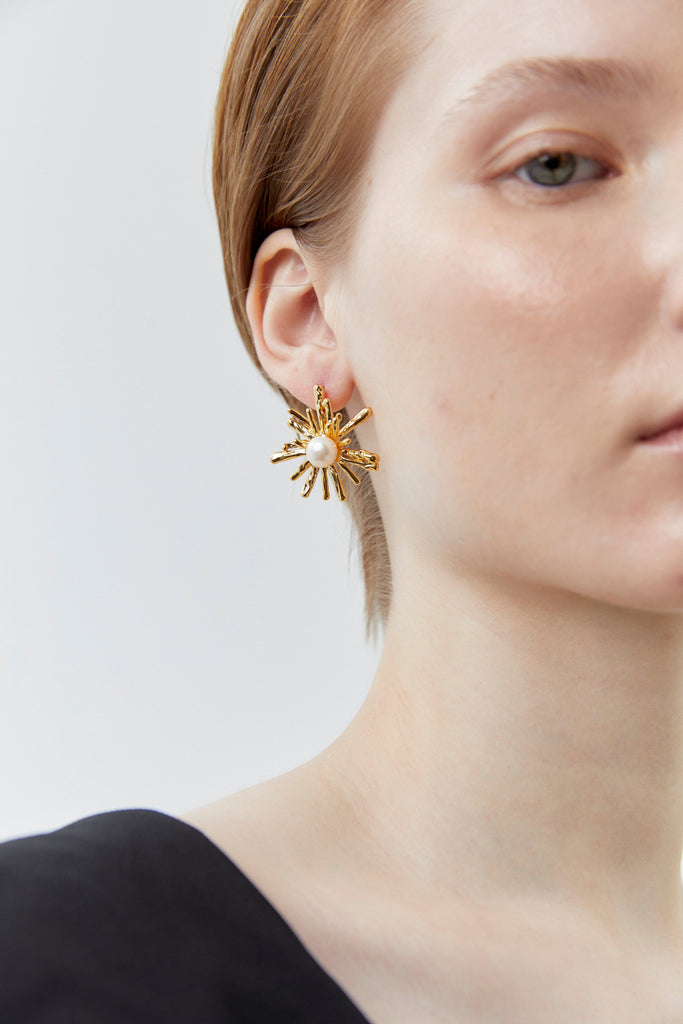 White Pearl Starburst Gold Earrings - Nakamol