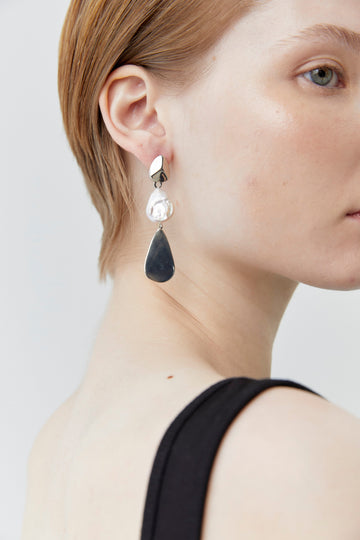 White Pearl Drop Rhodium Earrings - Nakamol