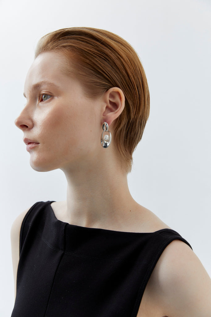 Double Oval Pearl Rhodium Earrings - Nakamol