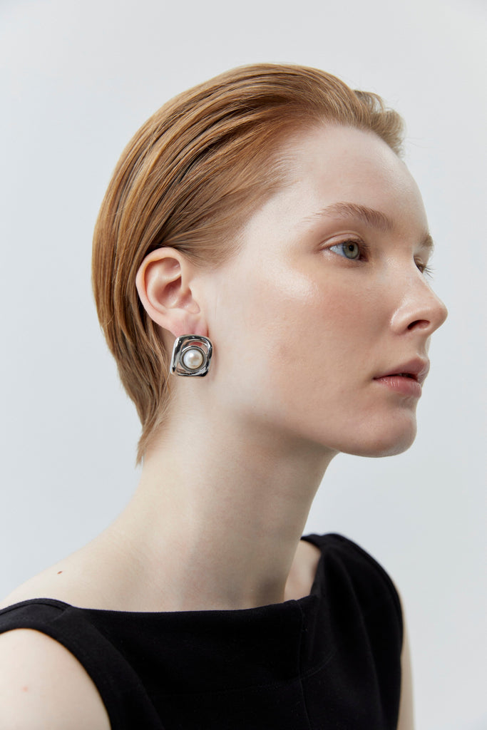 Square Pearl Rhodium Earrings - Nakamol