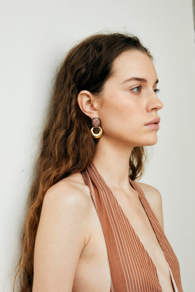Baguette Pink Dalmatian Agate Gold Earrings - Nakamol