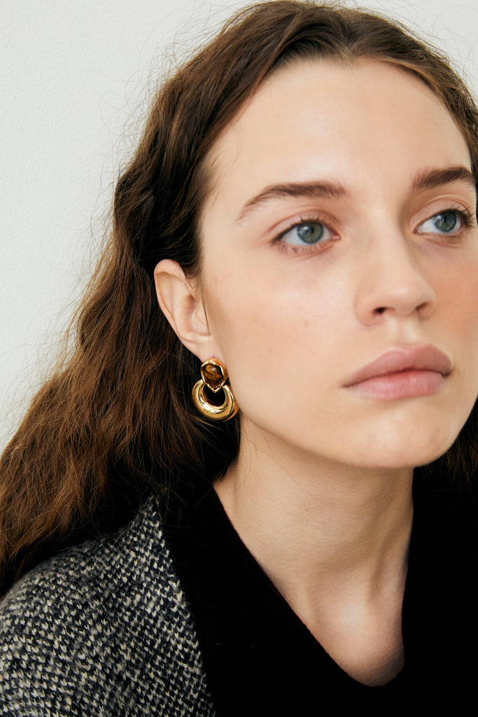 Teardrop Tiger Eye Gold Hoop Earrings - Nakamol