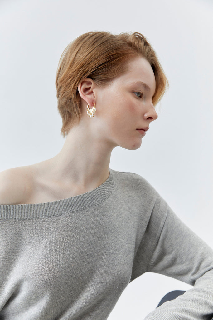 V-Shaped White Pearl Bead Fringe Earrings - Nakamol
