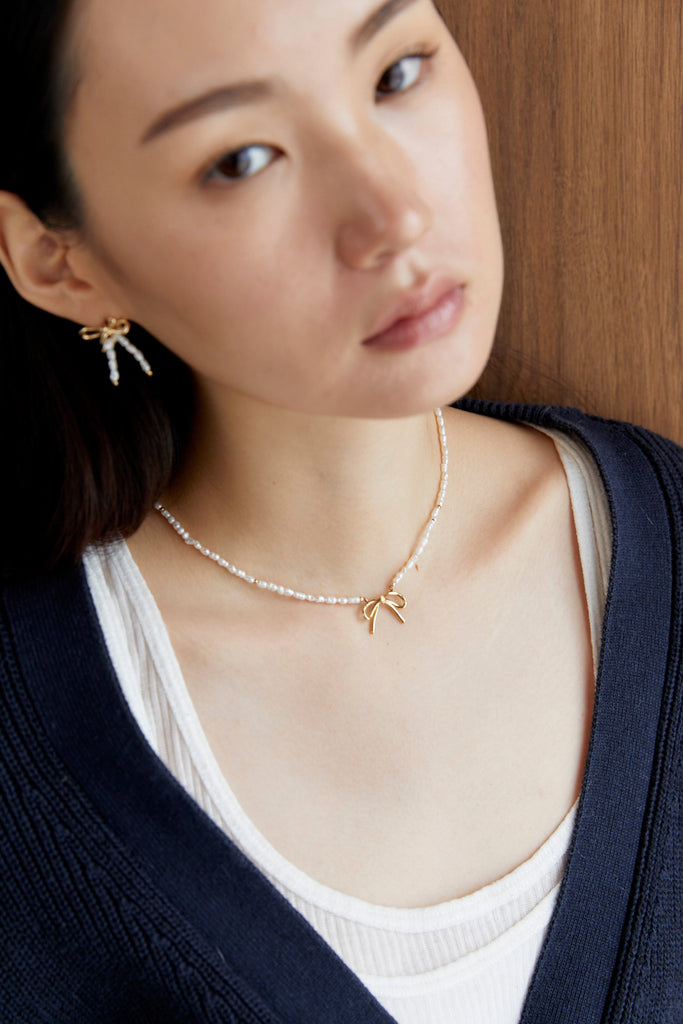 Gold Ribbon Pearl Earrings - Nakamol