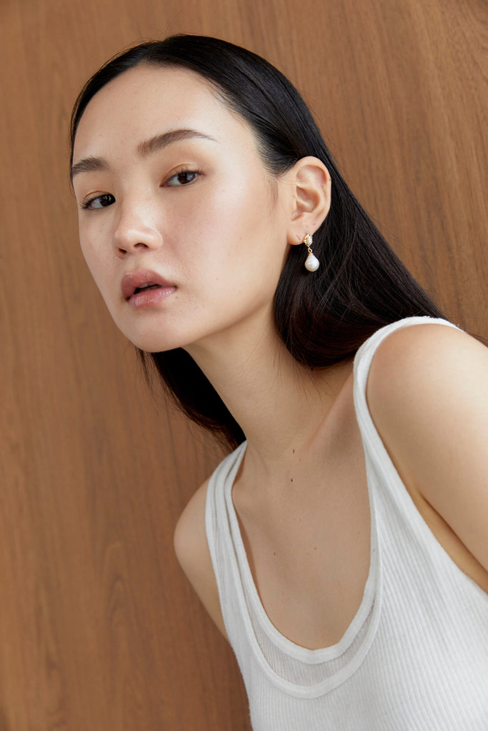 White Pearl Gold Drop Earrings - Nakamol