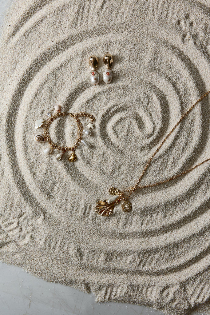 White Pearl Peach Gold Drop Earrings - Nakamol