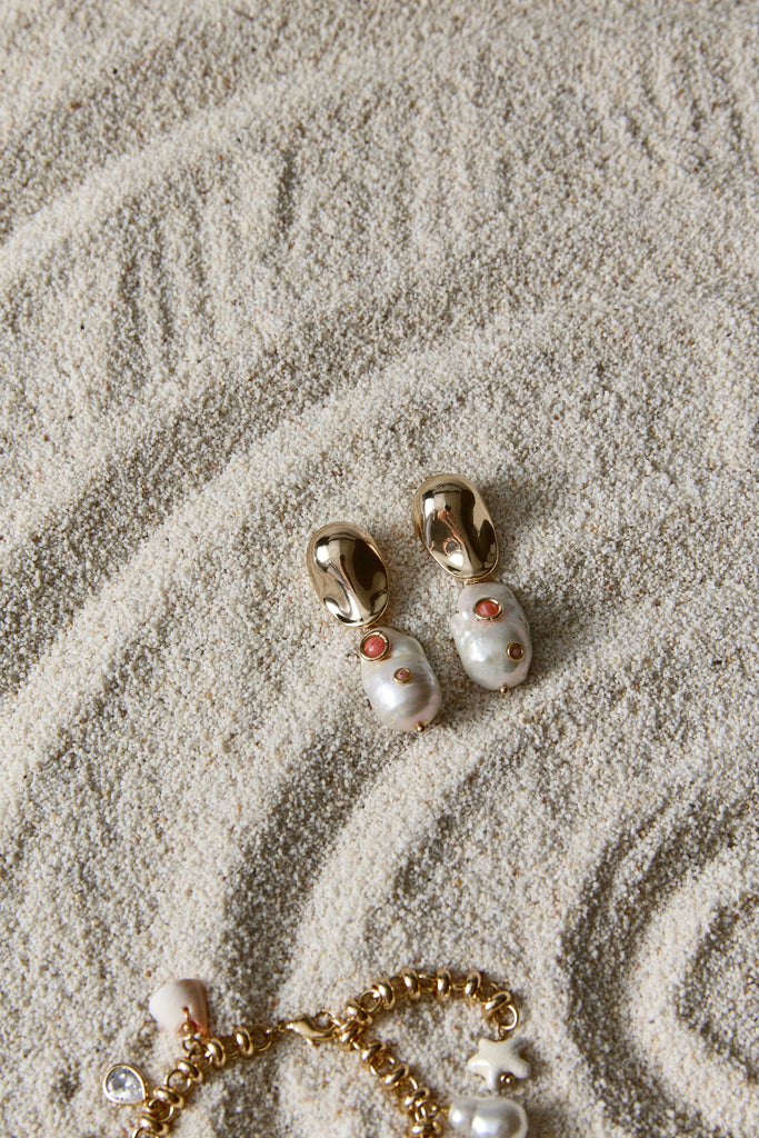 White Pearl Peach Gold Drop Earrings - Nakamol