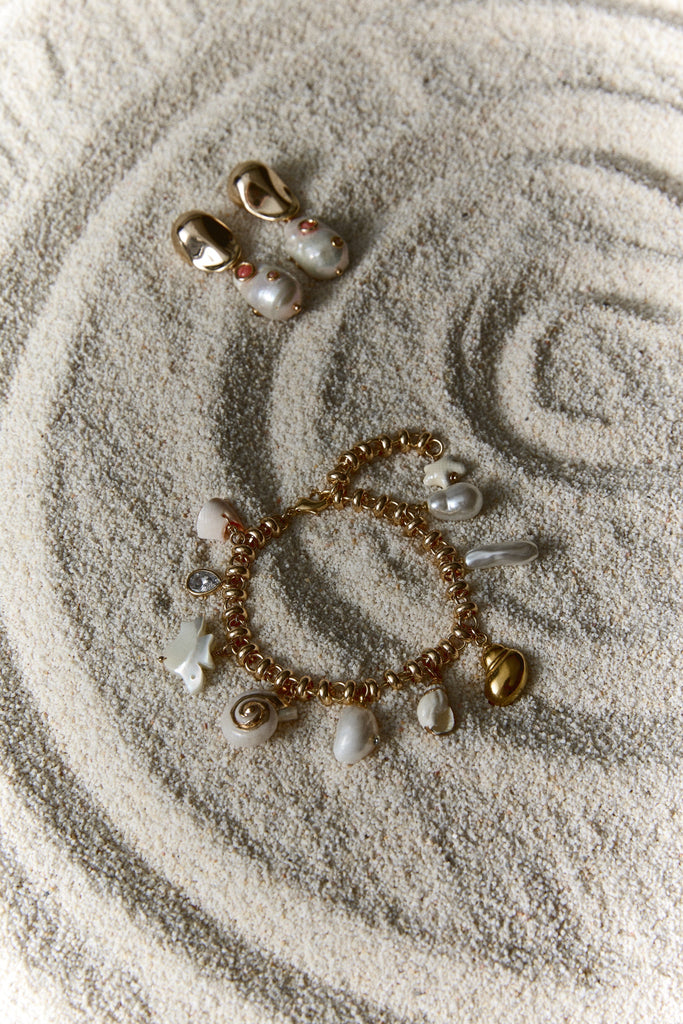 White Pearl Peach Gold Drop Earrings - Nakamol