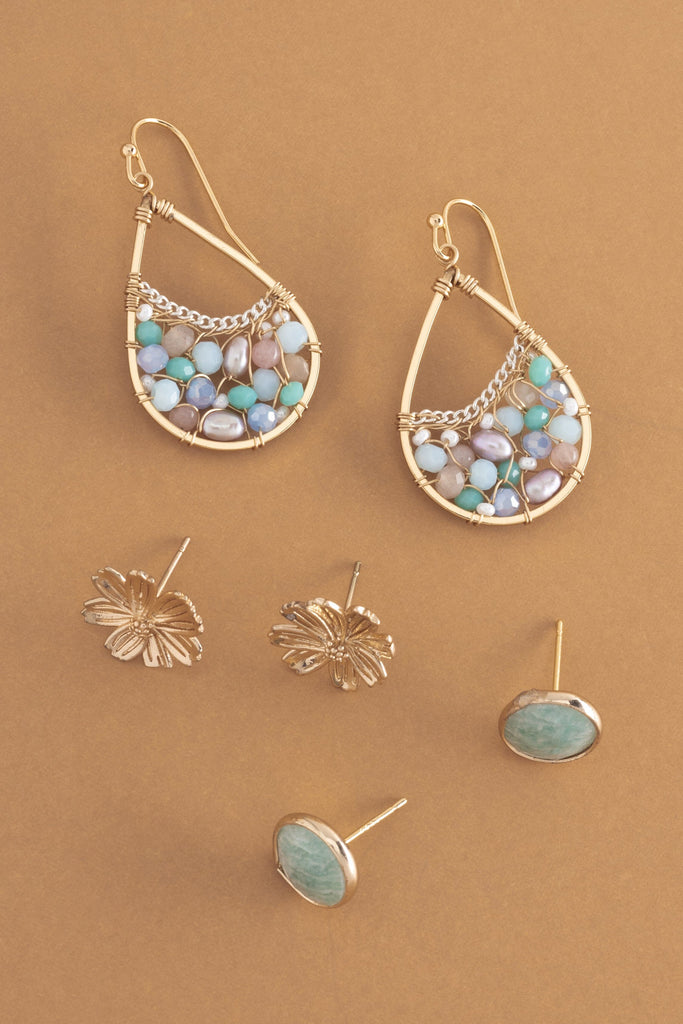 Pink Teal Gemstone Mix Set Earrings - Nakamol