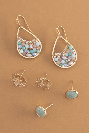 Pink Teal Gemstone Mix Set Earrings - Nakamol