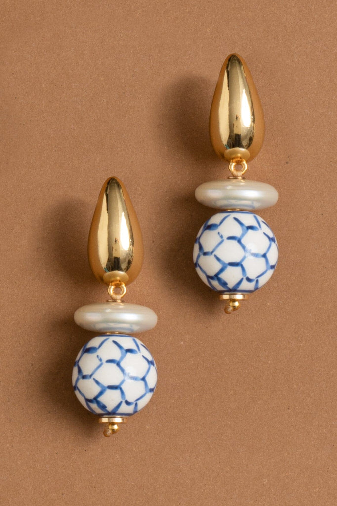 Blue White Honeycomb Drop Earrings - Nakamol