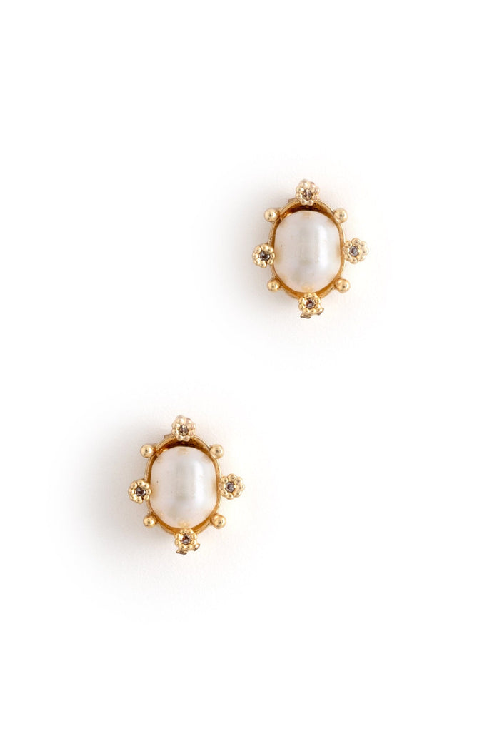 Rhinestone Oval White Pearl Stud Earrings - Nakamol