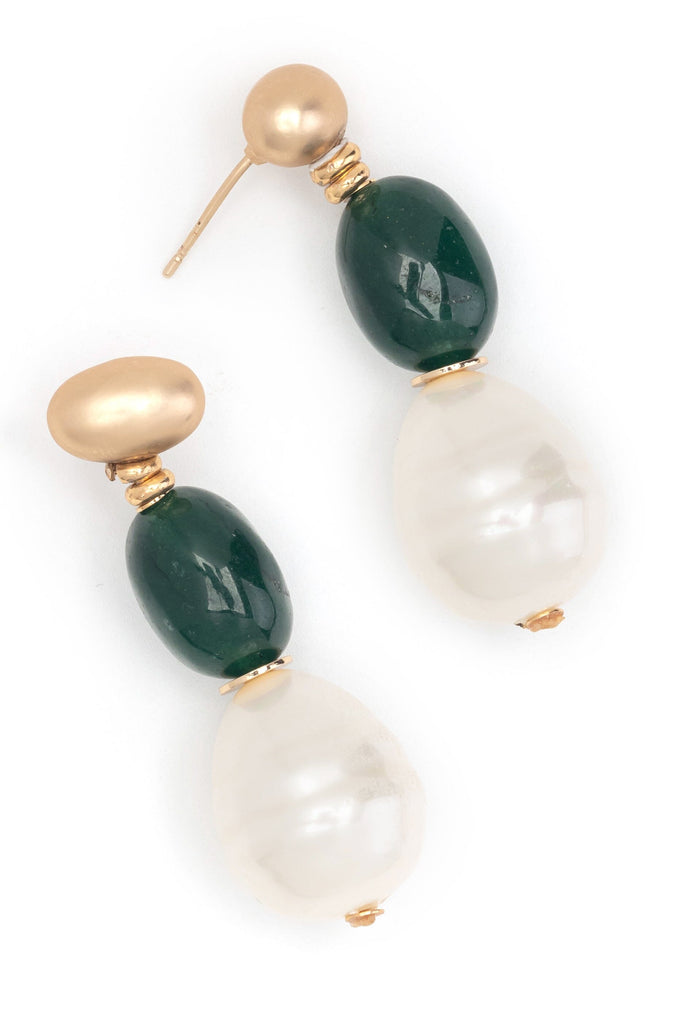 White Pearl Green Drop Earrings - Nakamol
