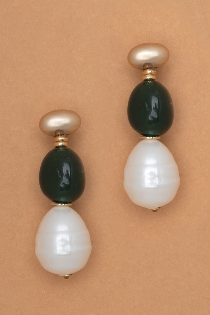White Pearl Green Drop Earrings - Nakamol