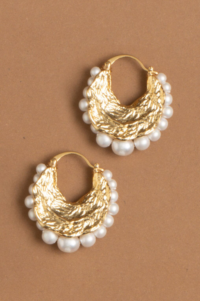 White Pearl Brushed Metal Earrings - Nakamol