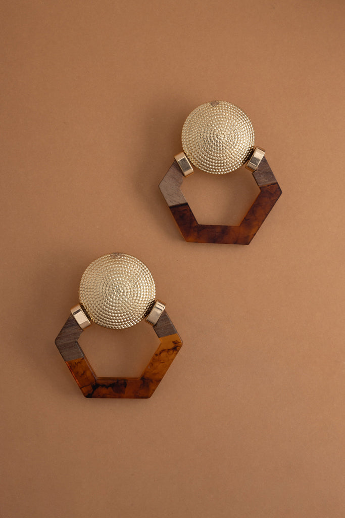 Brown Gold Pentagon Earrings - Nakamol