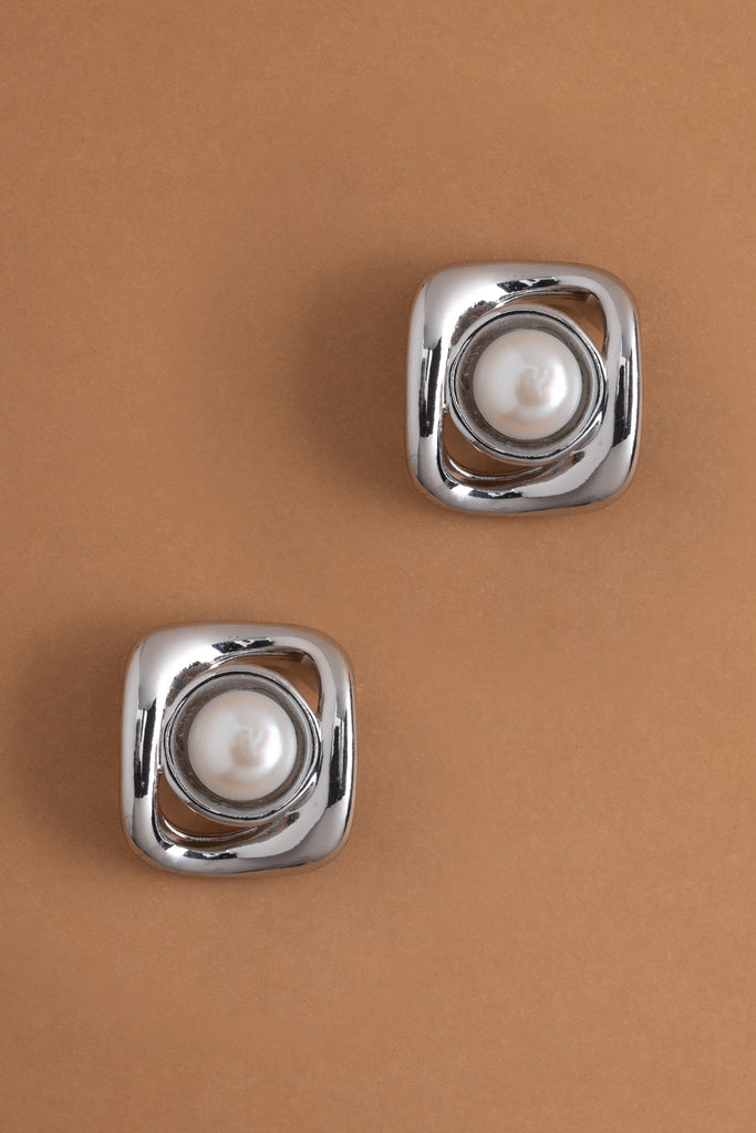 Square Pearl Rhodium Earrings - Nakamol