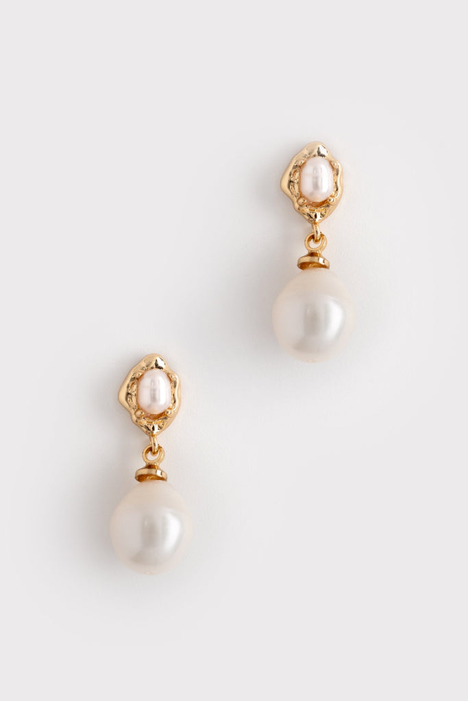 White Pearl Gold Drop Earrings - Nakamol
