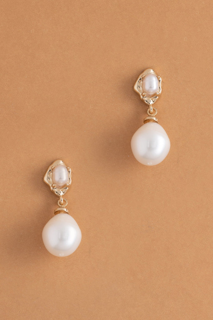 White Pearl Gold Drop Earrings - Nakamol
