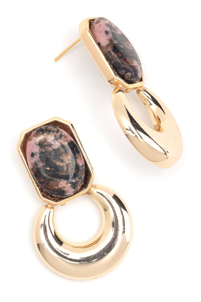 Baguette Pink Dalmatian Agate Gold Earrings - Nakamol