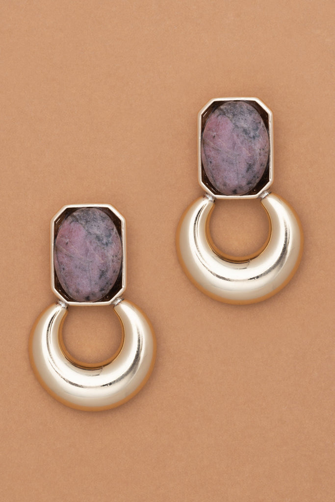 Baguette Pink Dalmatian Agate Gold Earrings - Nakamol