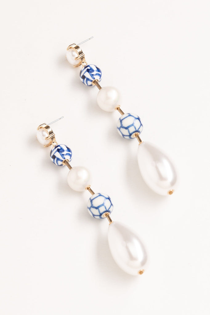 Blue and White Pearl Single Drop Earrings - Nakamol