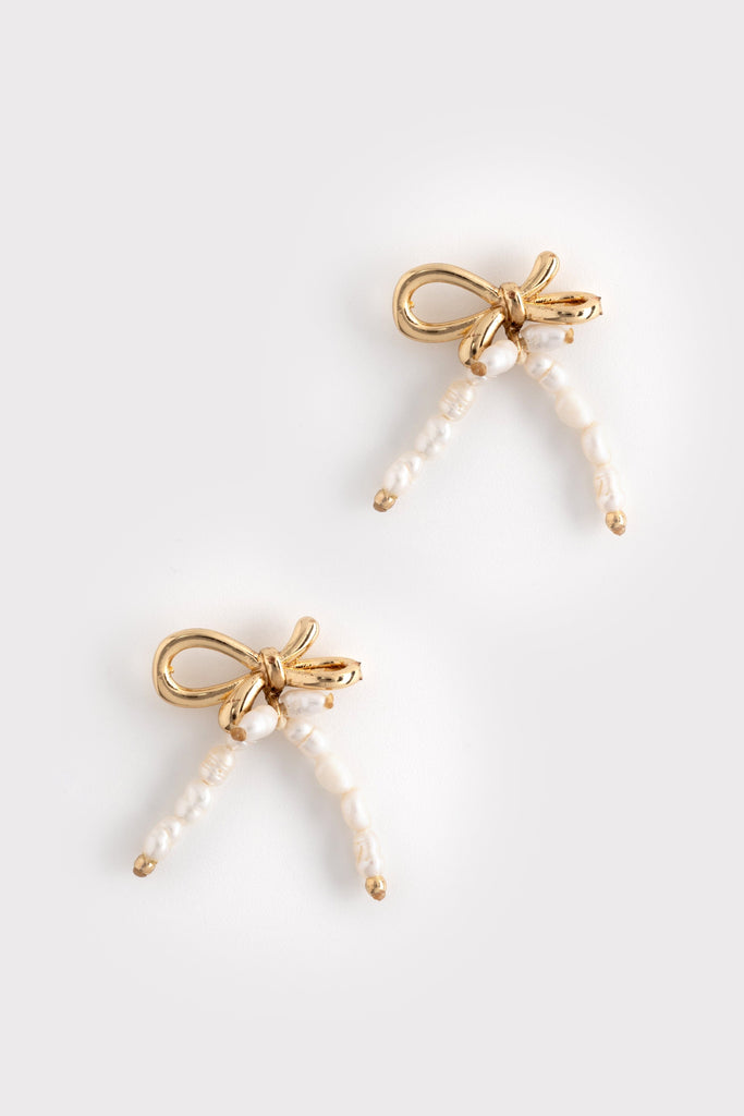 Gold Ribbon Pearl Earrings - Nakamol