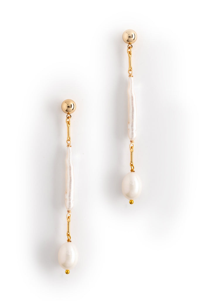 Elongated White Pearl Drop Earrings - Nakamol