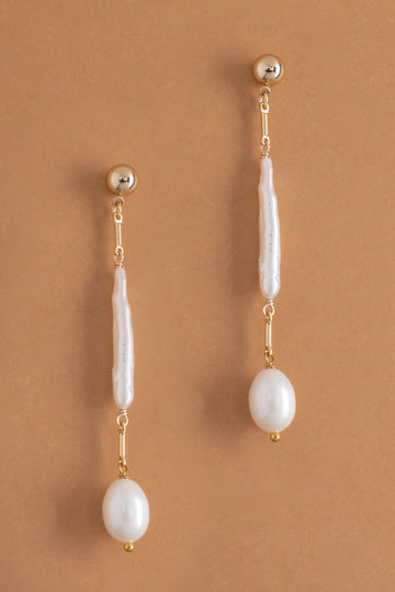Elongated White Pearl Drop Earrings - Nakamol