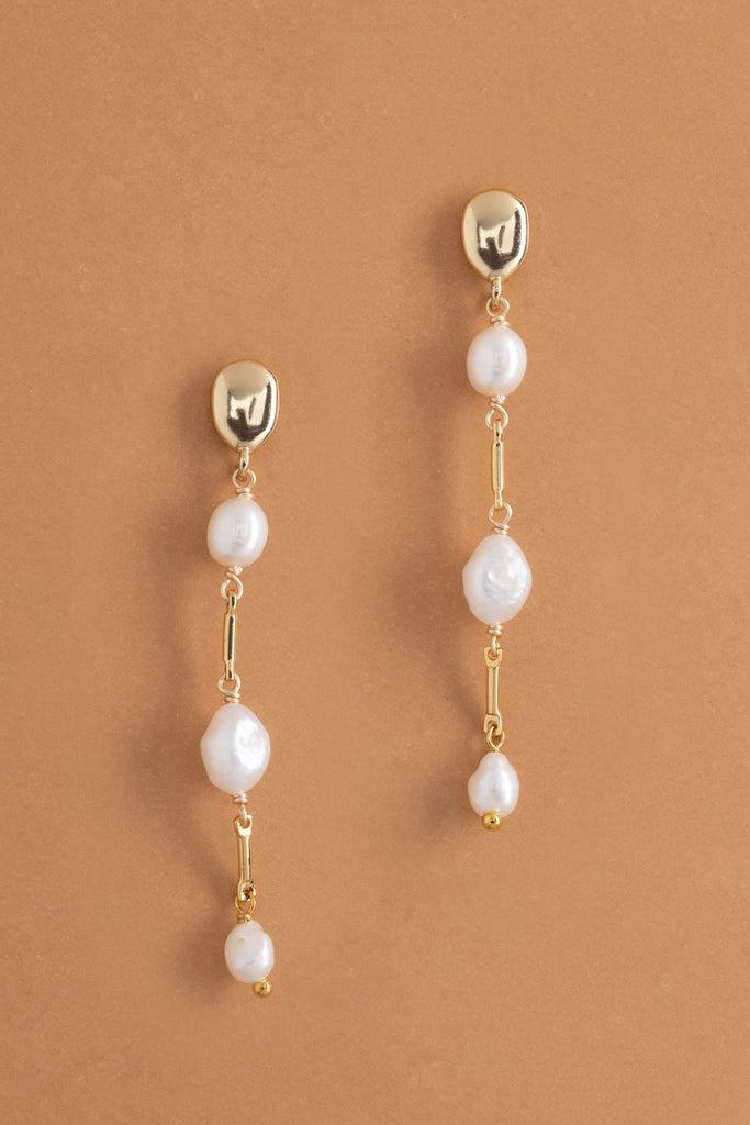 Triple Pearl Bead Long Drop Earrings - Nakamol