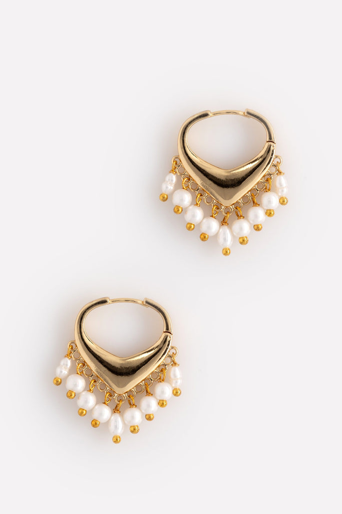 V-Shaped White Pearl Bead Fringe Earrings - Nakamol