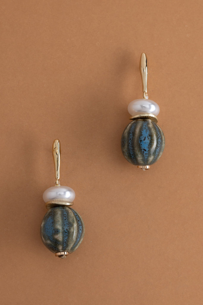 Blue Green Stripe Stone Drop Earrings - Nakamol