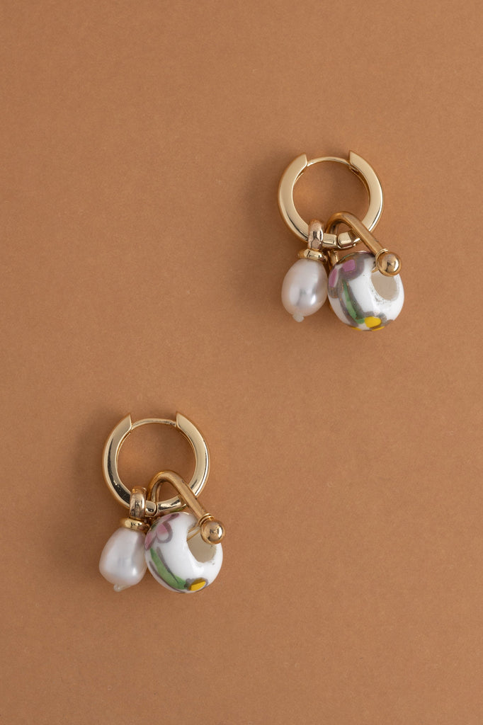 White Mix Gold Huggie Pearl Earrings - Nakamol