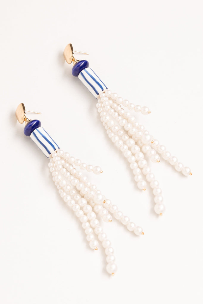 White Pearl Fringe  Earrings - Nakamol