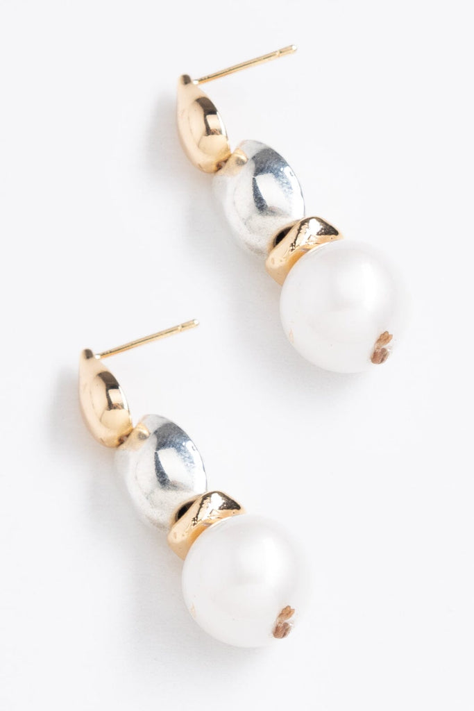 White Pearl Silver Gold Combo Earrings - Nakamol