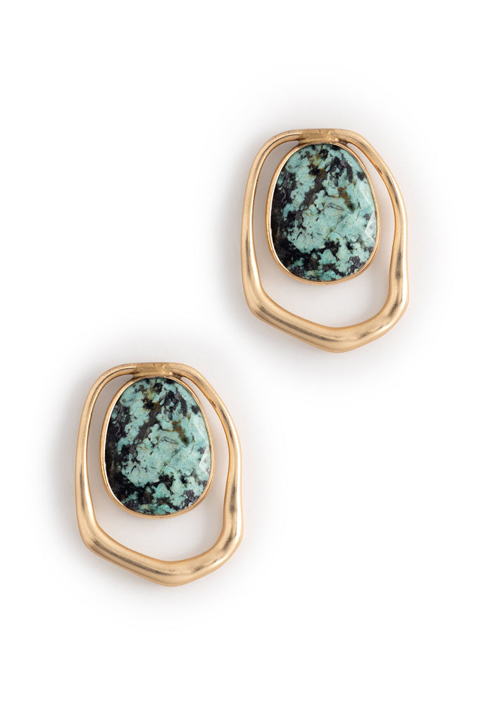 Unakite Mix Stone in Gold Frame Earrings - Nakamol