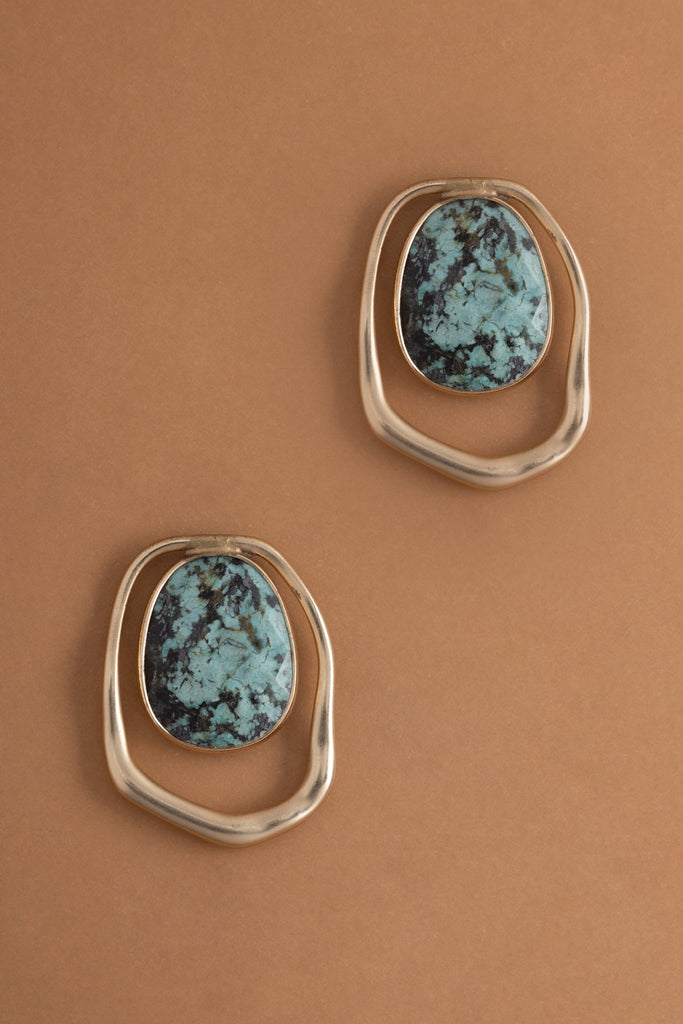 Unakite Mix Stone in Gold Frame Earrings - Nakamol