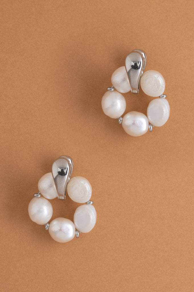 Rhodium Pearl Dangling Earrings - Nakamol